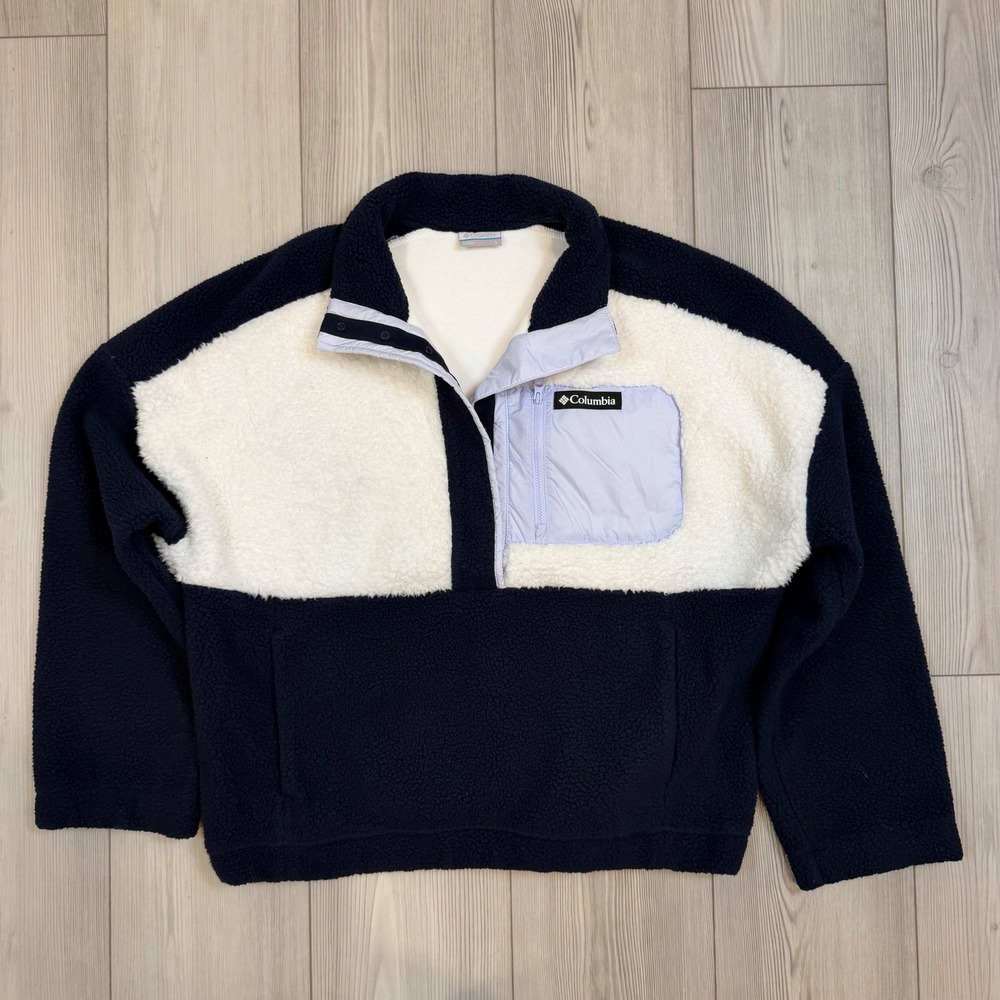 Columbia Sherpa Fleece Pullover Snap Mock Neck Colorblock Navy White XP3671